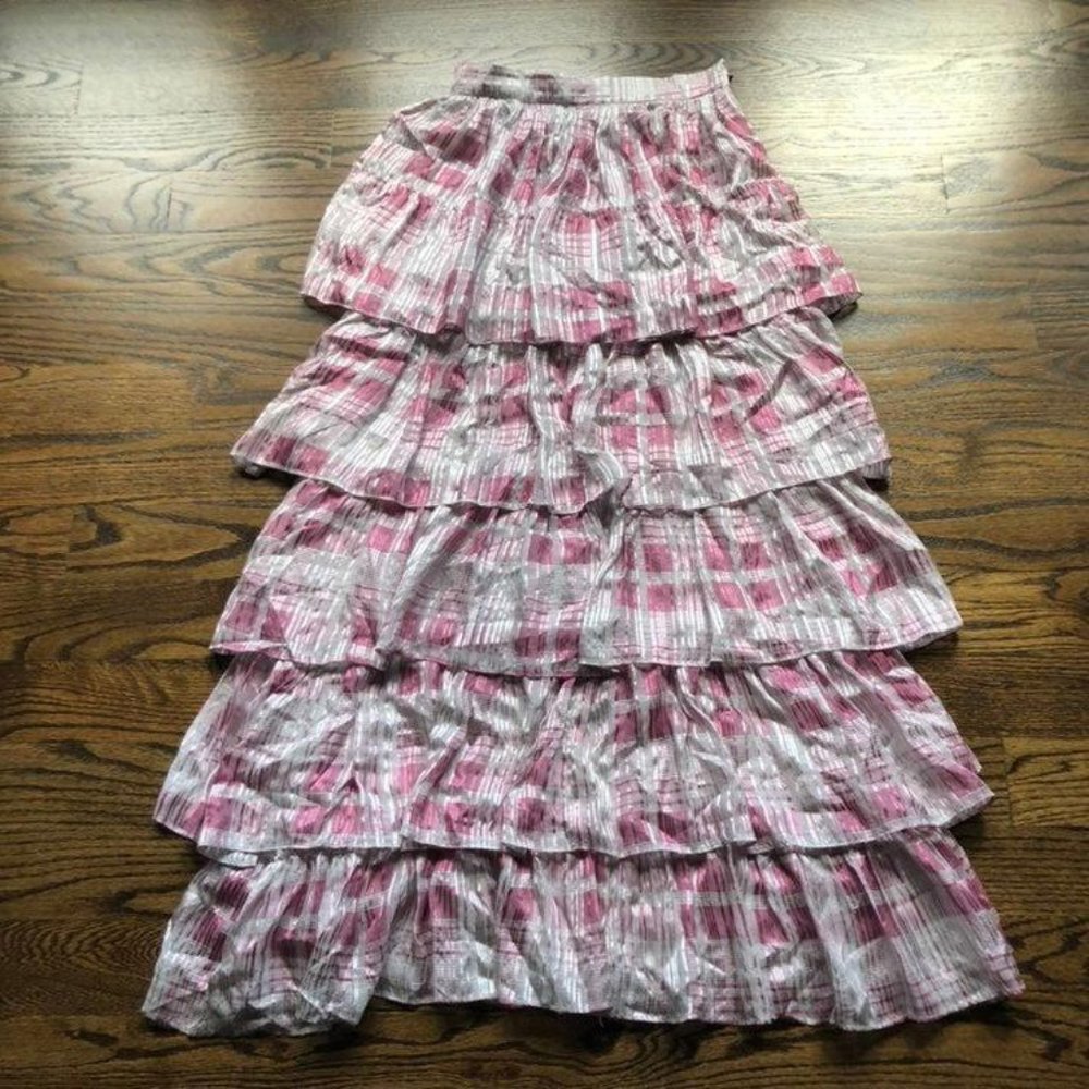 LoveShackFancy Tiered Pink and White Maxi Skirt